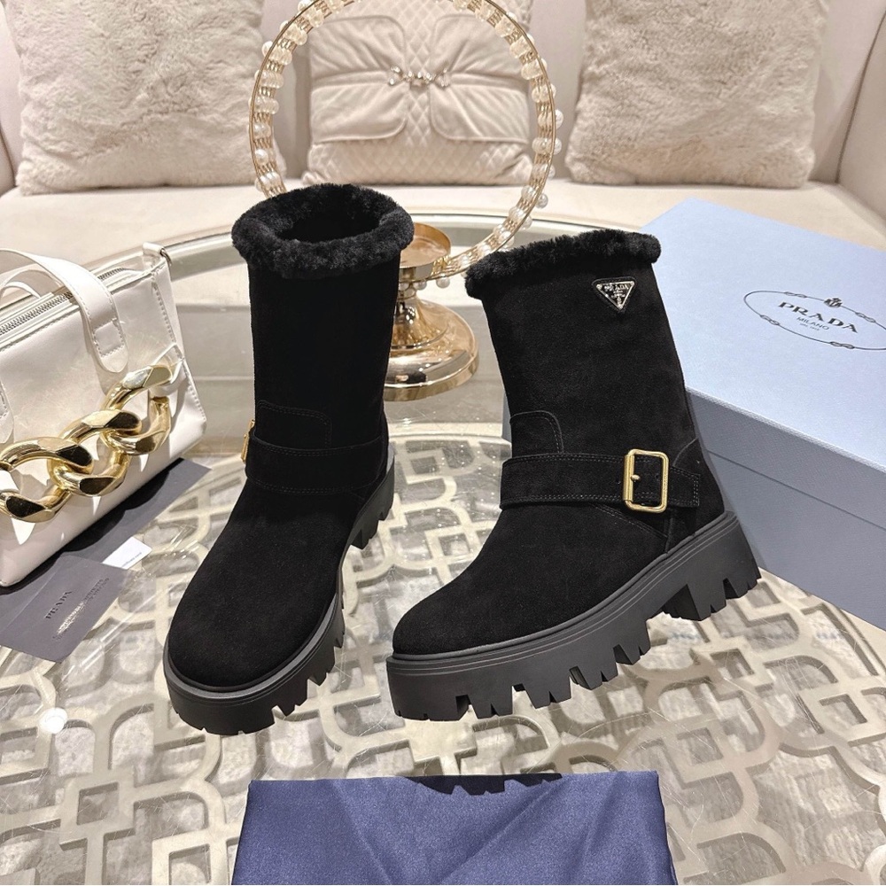 Prada Black Winter Boots with Gold Buckle - Picture 6 of 8